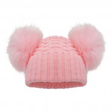 H672-BP: Baby Pink Checked Hat w/Pom Poms (12-24m)
